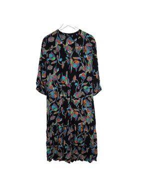 Lior Paris Floral Midi Shirt Dress Womens Size Small Black Boho Romantic Cottage